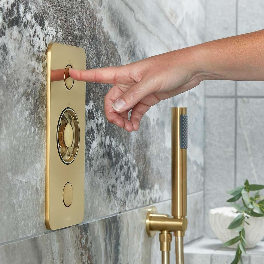 Lifestyle image of Vado Zone Brushed Gold Dual-Outlet Thermostatic Shower Valve